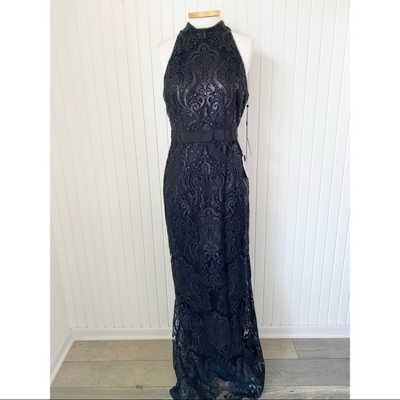 Adrianna Papell Dresses & Skirts - NWT Adrianna Papell Black Sequins Lace High Neck Long Gown Dress Size 10